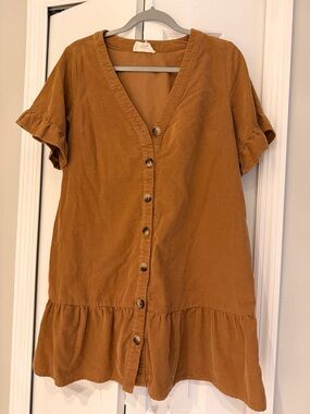 Love Riche Caramel Button-Front Ruffle Mini Dress